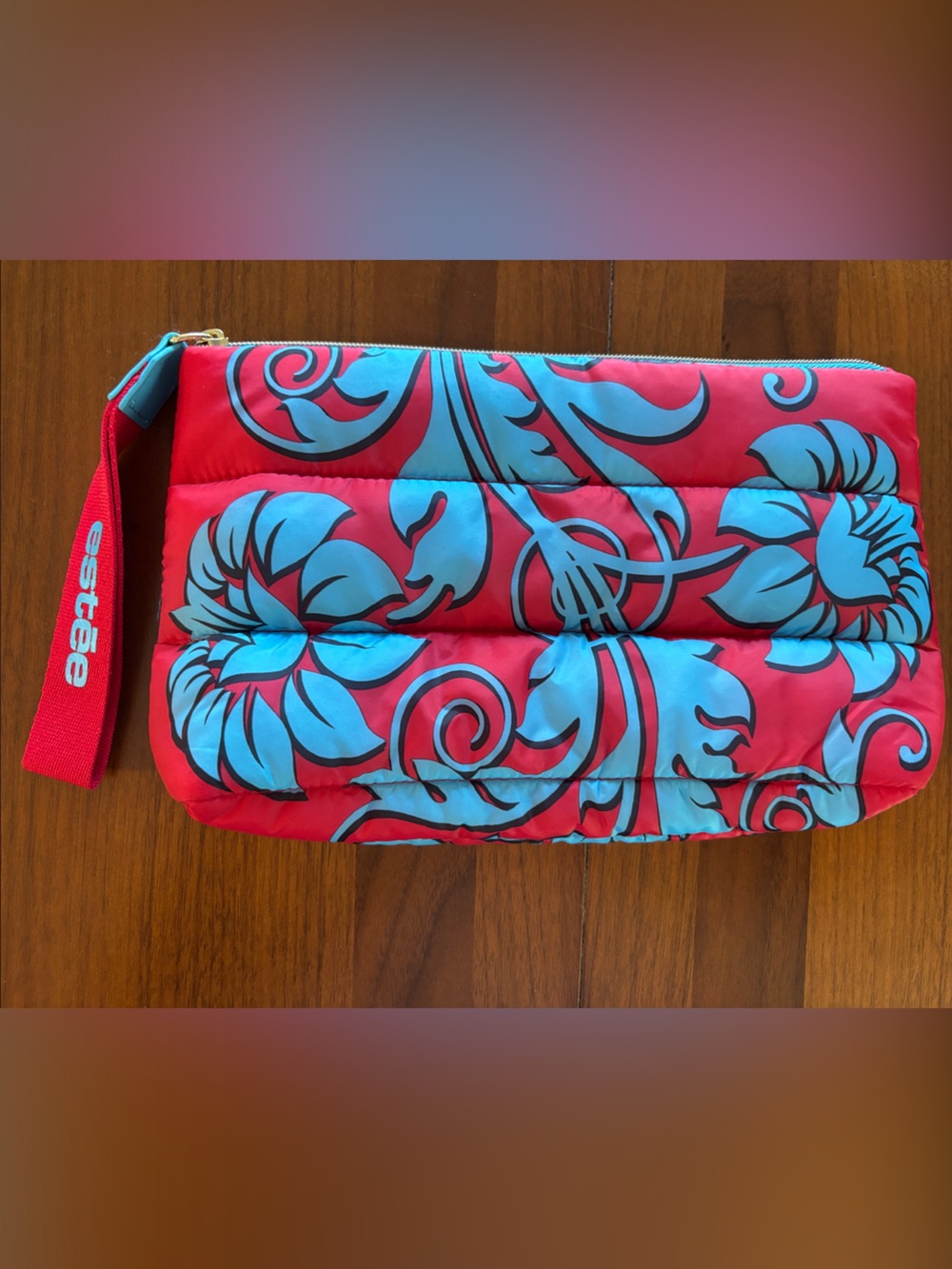 Estee Lauder Red and Light Blue Floral Quilted Wristlet